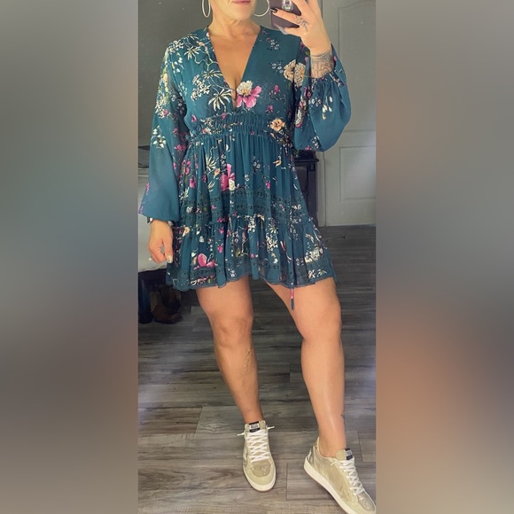 NWOT Free People bluish-green floral mini dress — size small (S) // $128 - Picture 6 of 6